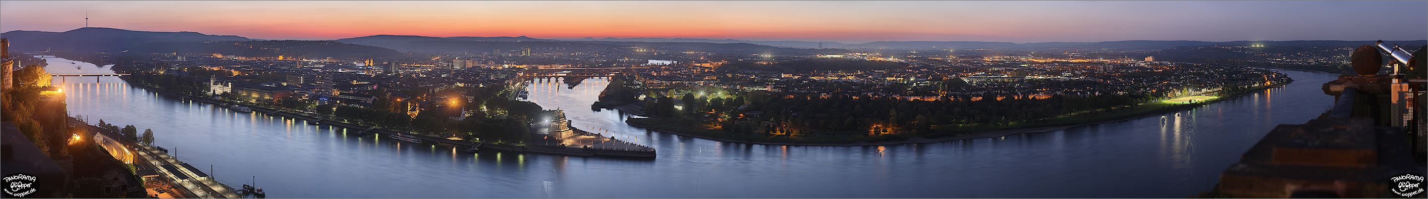 Panorama Bilder Koblenz Deutsches Eck - Blick von der Festung Ehrenbreitstein aus auf das abendliche Deutsche Eck - p001 - (c) by Oliver Opper